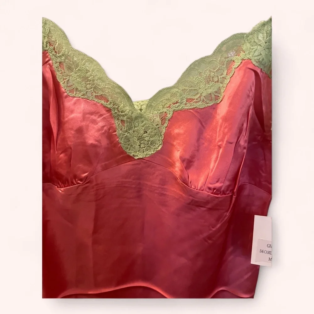 Gold Hawk 100% Silk Camilla Rose Satin Y2K 90s Green Lace Slip Dress NWT Size M - Picture 3 of 6